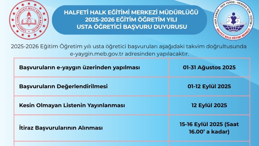 2025-2026 EĞİTİM ÖĞRETİM YILI USTA ÖĞRETİCİ BAŞVURU BİLGİLENDİRMESİ